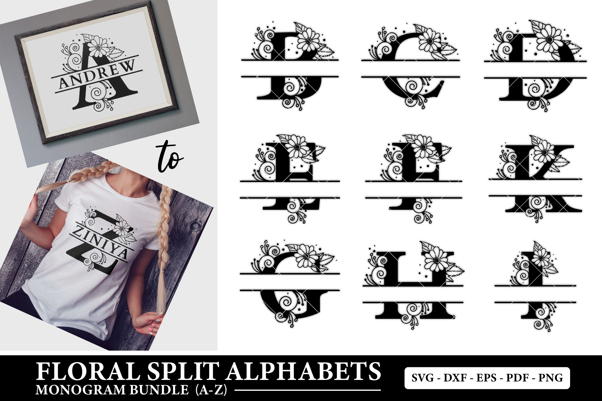 Floral Split Alphabets Monogram Bundle