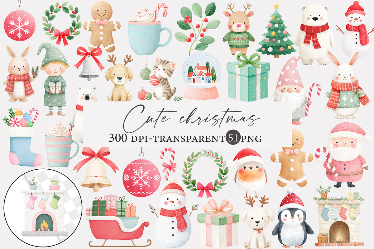 Watercolor cute christmas clipart, an Illustration by Designworld (Photo 1 of 5)