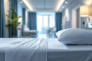 A neatly made hospital bed with a crisp white pillow and sheet, creating a calm, a Background Photo by ImageMir