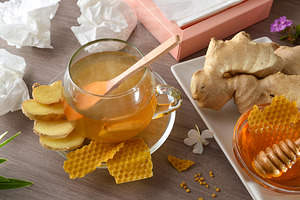 Detail of ginger and honey infusion for colds elevated view, a Food & Drink Photo by Davizro's Market