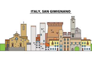 Italy, San Gimignano. City Skyline, Architecture, Buildings, Streets, Silhouette, Landscape, Panorama, Landmarks. Editable Strokes. Flat Design Line V