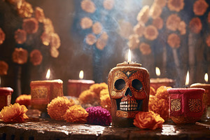 Skull candle and marigolds for Day of the Dead