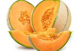 Cantaloupe melon and melon slices isolated on white background., a Food & Drink Photo by Volff