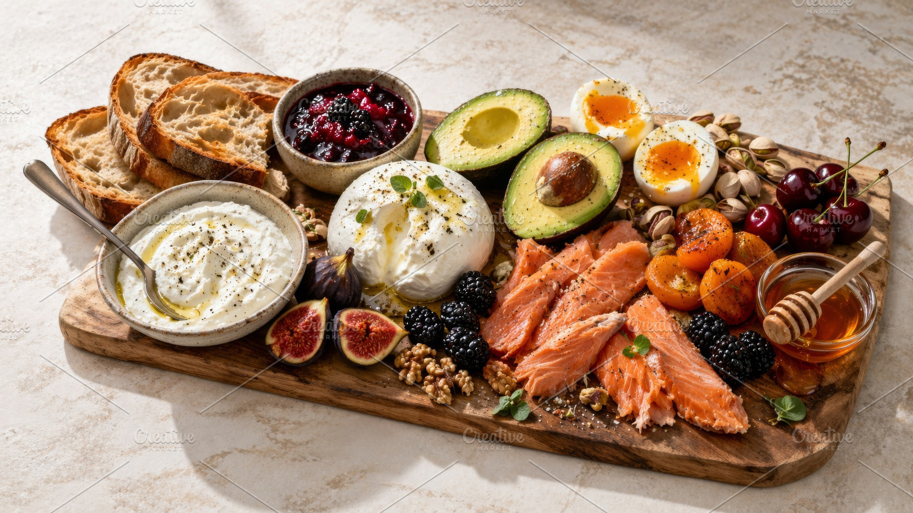 Breakfast grazing board with assorte, a Photo by Dvoevnore photos