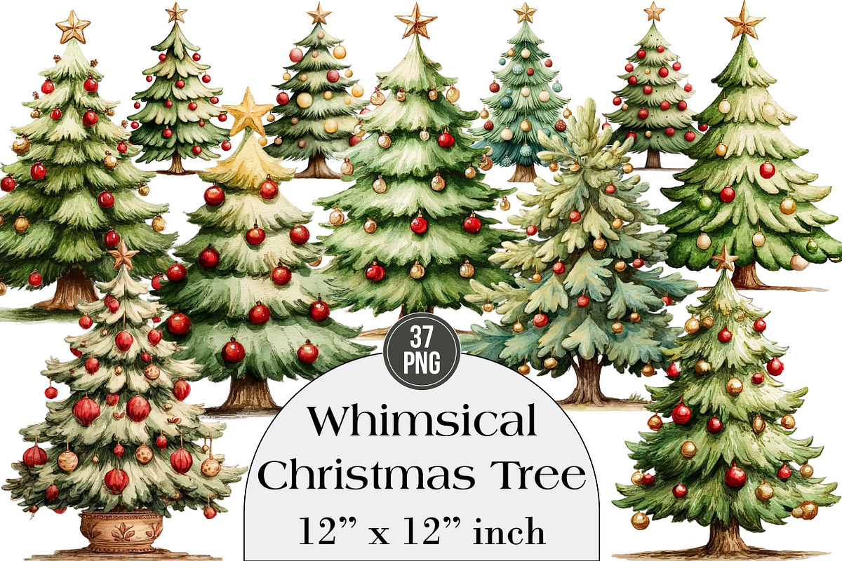 Whimsical Christmas Tree Clipart, an Illustration by DreamArtGraphic (Photo 1 of 4)