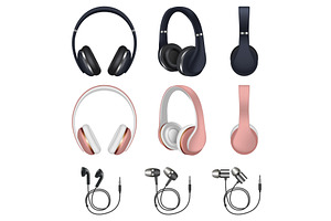 Headphones icon set, realistic style, an Object Illustration by Ylivdesign