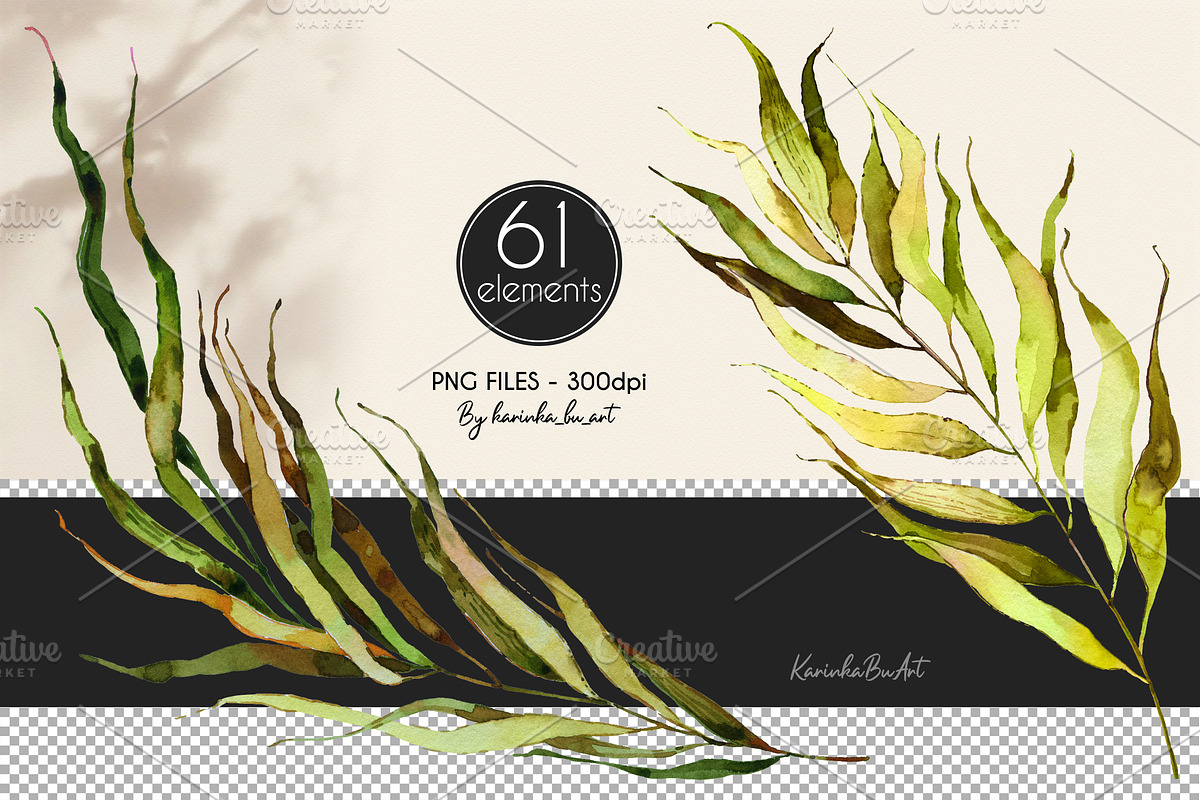 Watercolor Greenery Leaves 77PNG kit, an Illustration by KarinkaBU (Photo 10 of 10)