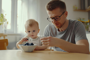 Father and baby enjoy meal together, a Photo by Beautiful things