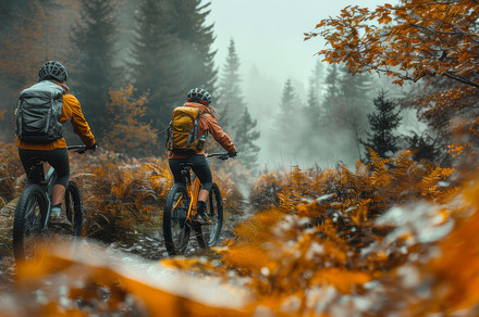 Mother and Daughter Enjoy Mountain Biking through Autumn Forest, a Photo by AS photostudio