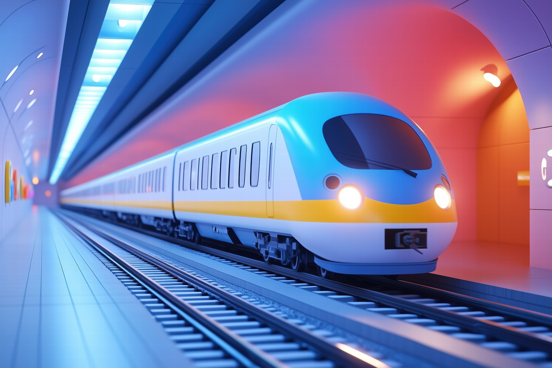 A modern high-speed train entering a brightly lit underground station ...