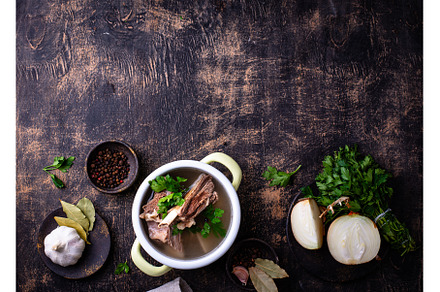 Boiled bone broth or bouillon with