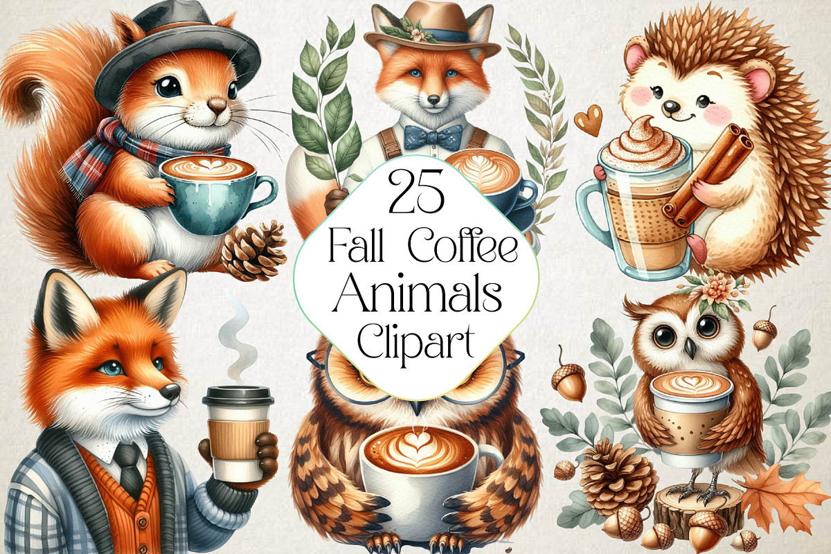 Fall Coffee Animals Clipart, an Illustration by DreamPrint404 (Photo 1 of 5)
