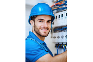 electrician in blue hard hat, an Industrial Photo by Lermont51