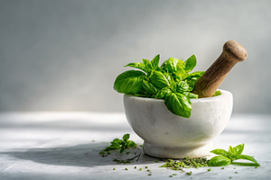 Fresh basil leaves in marble mortar, a Food & Drink Photo by Virgo Studio