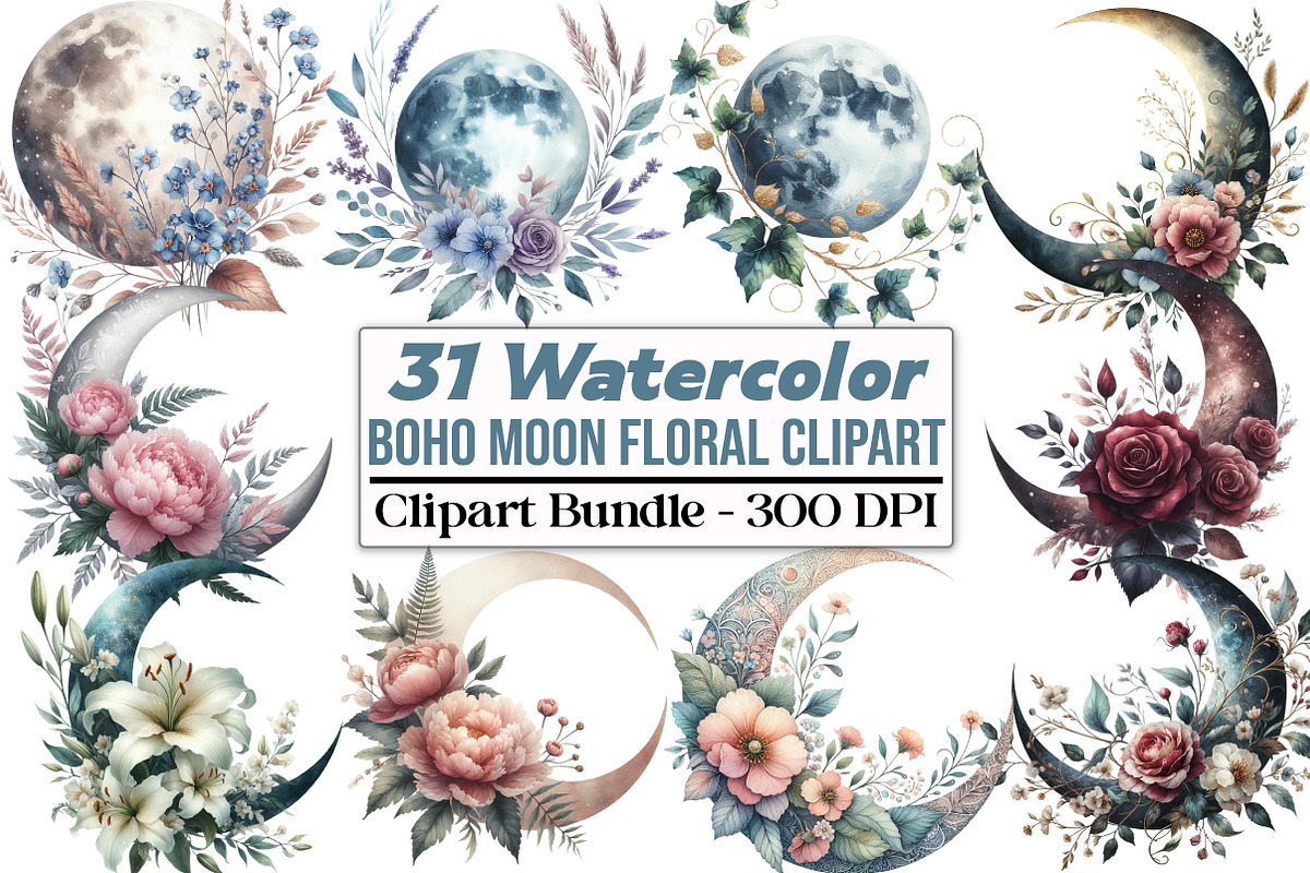 Watercolor Boho Moon Floral Clipart, an Illustration by DreamCafeArt (Photo 1 of 5)