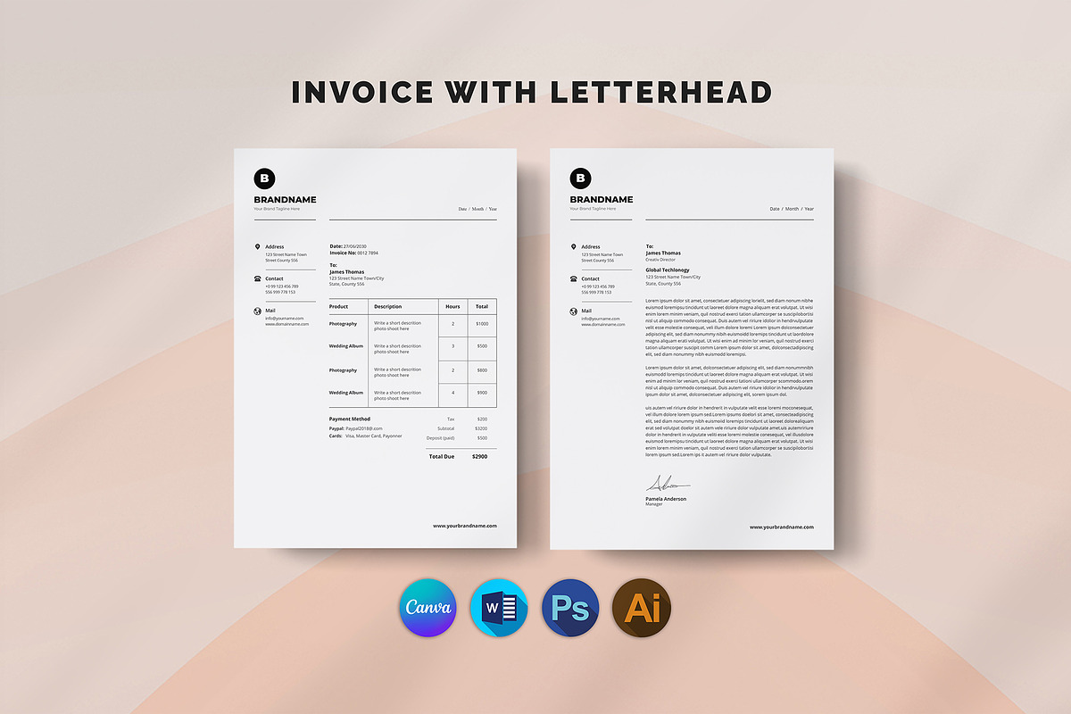 Canva Letterhead and Invoice, a Stationery Template by DesignDevisers (Photo 1 of 19)