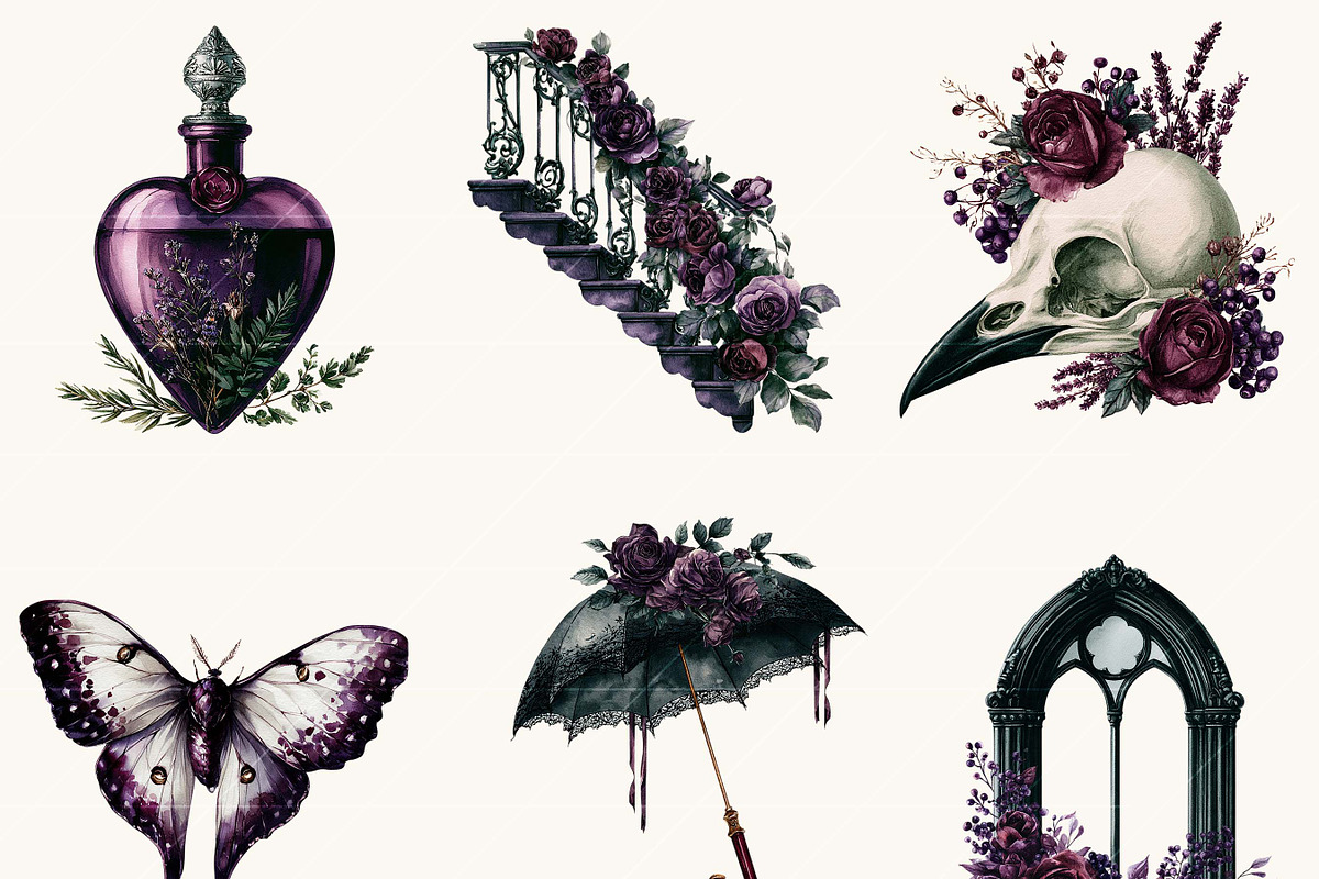 Dark Floral Watercolor Clipart, a Decorative Illustration by BusyDaydesign (Photo 4 of 9)