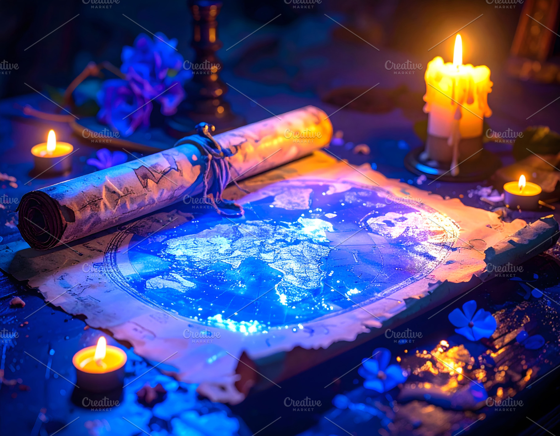 Glowing parchment map with scroll surrounded by candlelight, a Holiday Photo by GoodGoods