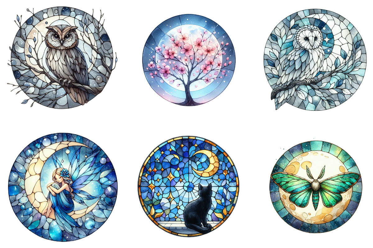 Moonlit Nights Stained Glass Clipart, an Illustration by DreamArtGraphic (Photo 3 of 4)