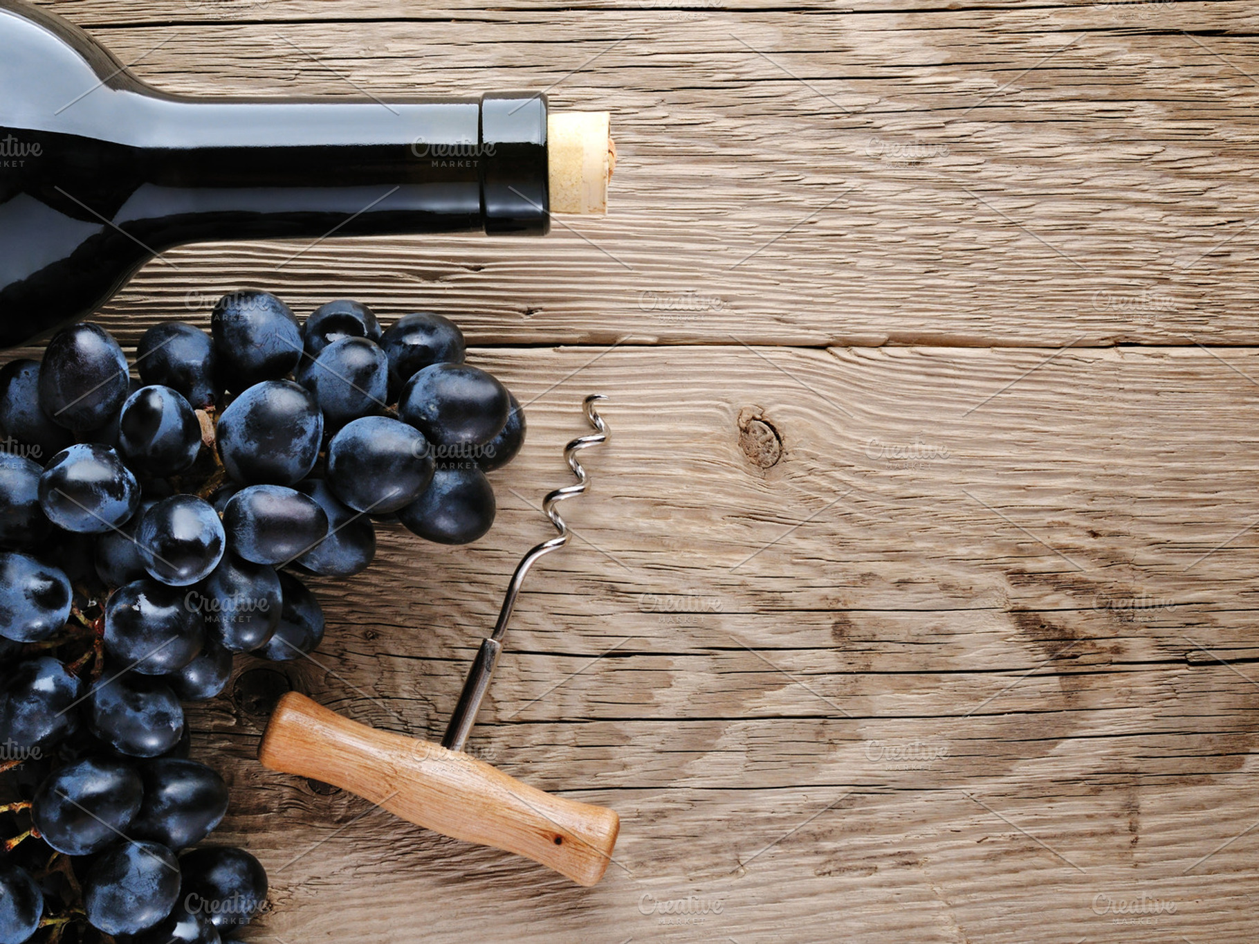 Bottle Of Wine Corkscrew And Grape
