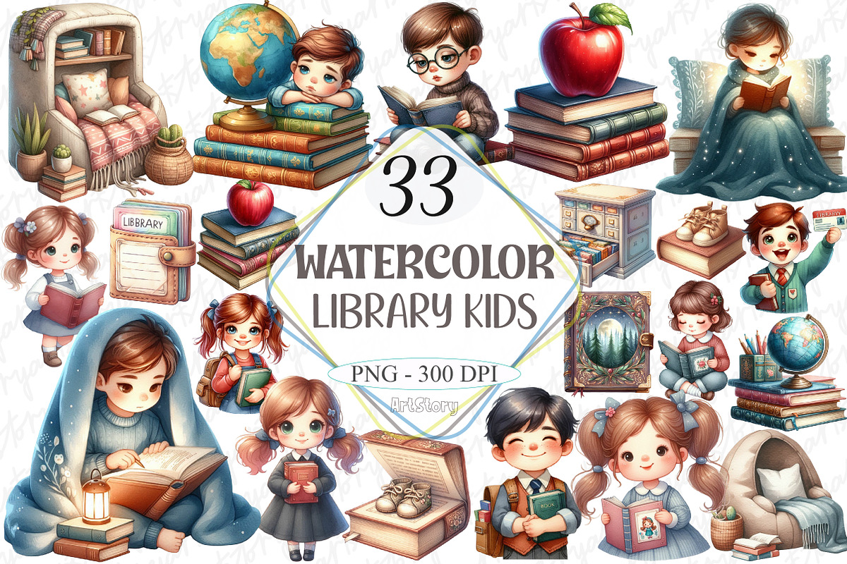 Library Kids Clipart Watercolor Book, a Graphic by designcity5 (Photo 1 of 5)