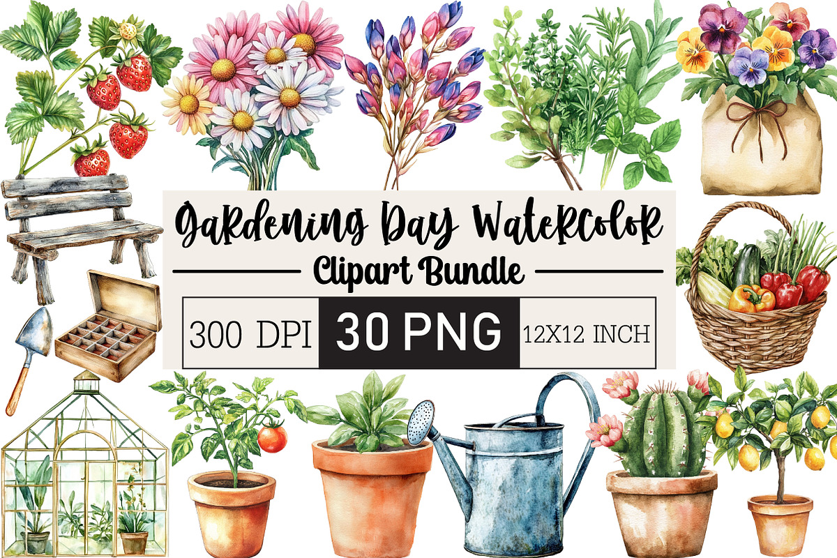 Gardening Day Watercolor Clipart, an Illustration by Black Bird Studio (Photo 1 of 6)