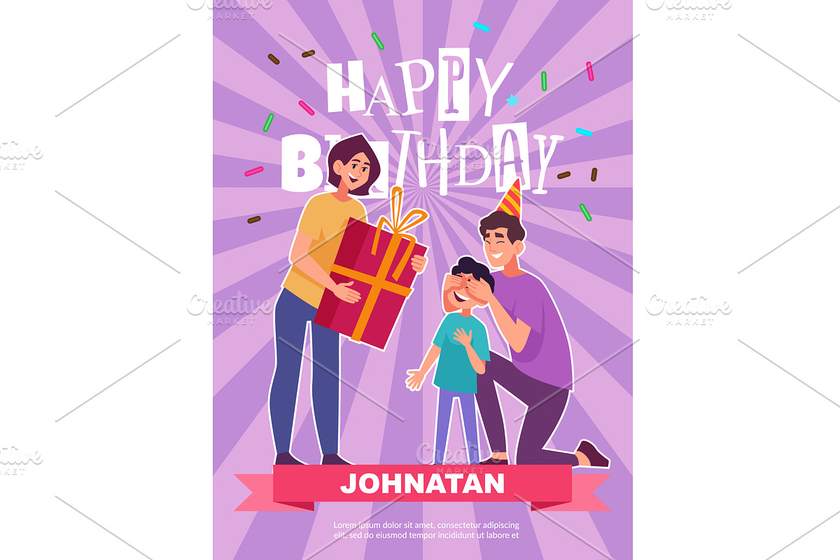 Happy birthday. parents with present, an Object Illustration by Onyx