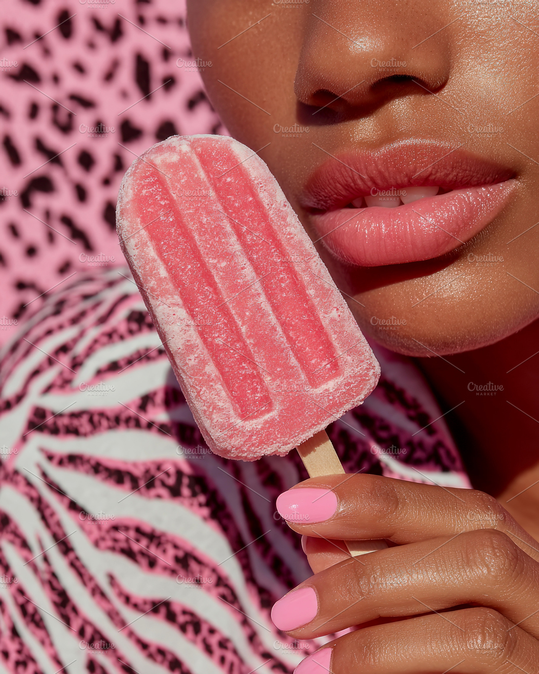 Frosted pink popsicle held near glossy pink lips with matching n, a Photo by José Manuel Gelpi
