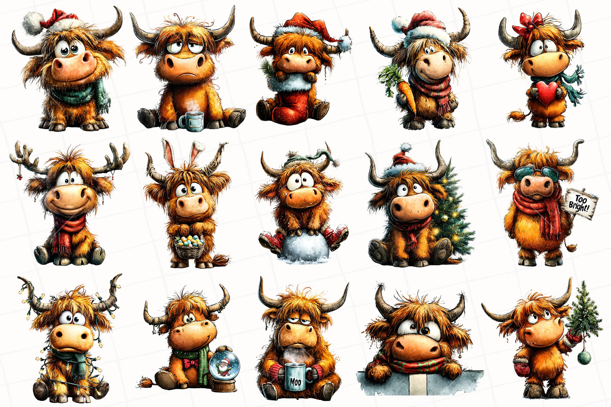 Quirky Christmas Highland Cow Clipar, an Illustration by OK Design (Photo 3 of 6)