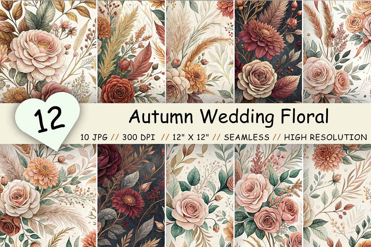 Autumn Wedding Floral Digital Paper, a Pattern Graphic by FloridPrintables (Photo 1 of 9)