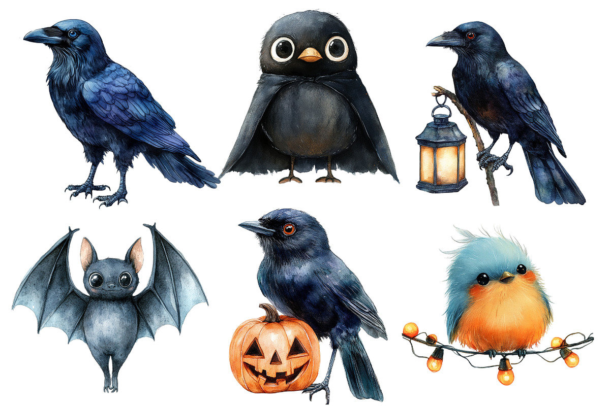 Watercolor Halloween Birds Clipart, an Illustration by Designworld (Photo 2 of 6)