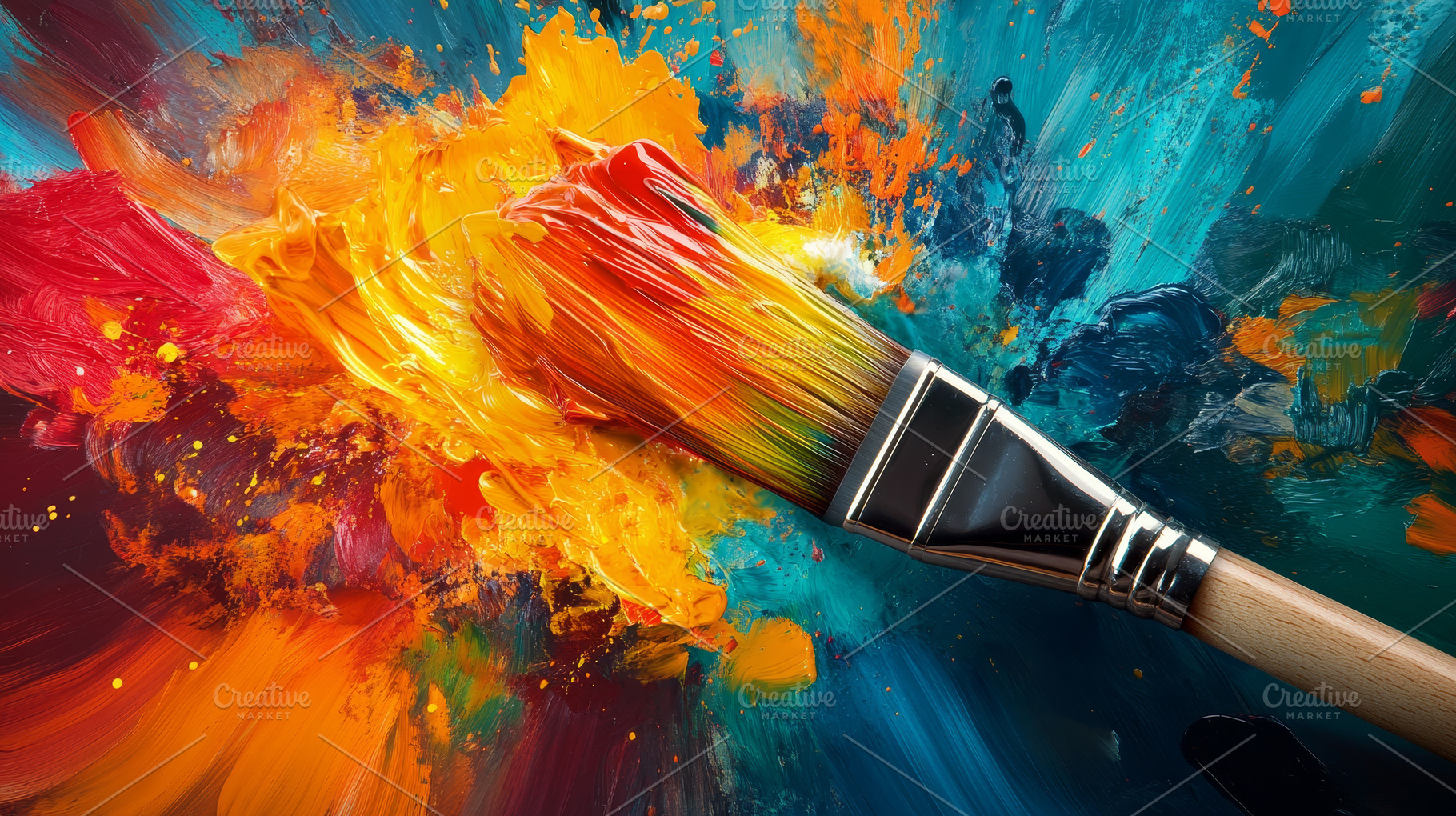 Close-up of paintbrush with vibrant colorful paint strokes, an Abstract Photo by Natalia Klenova's Shop