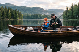 Father and Child Fishing on a Mountain Lake, a Sports & Recreation Photo by Davizro's Market