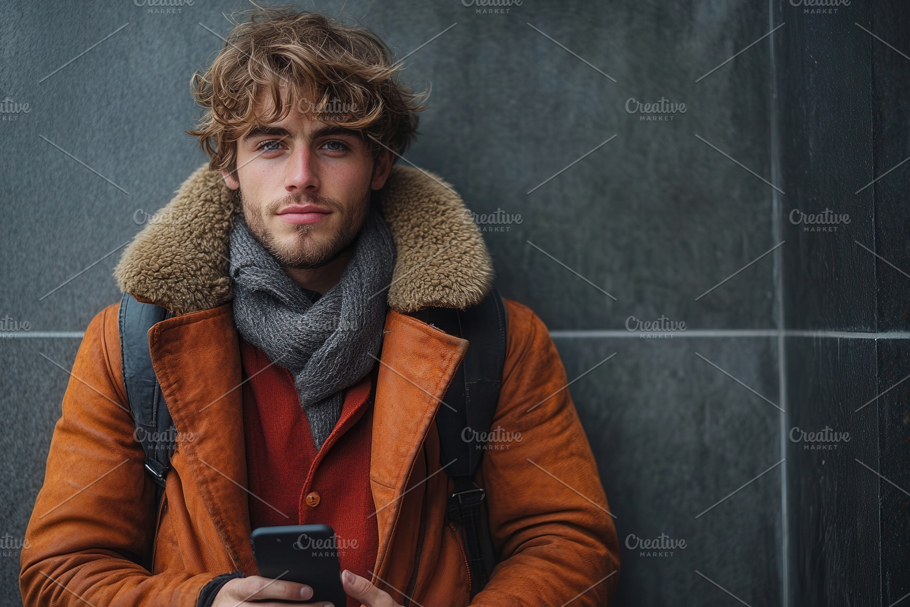 Young man in orange coat and scarf s, a Photo by Tanuart