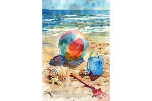 Watercolor Beach Scene with Ball Art, a Decorative Illustration by Art Paradise Studios