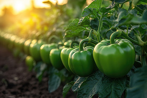Fresh green bell peppers maturing un, a Photo by Tanuart