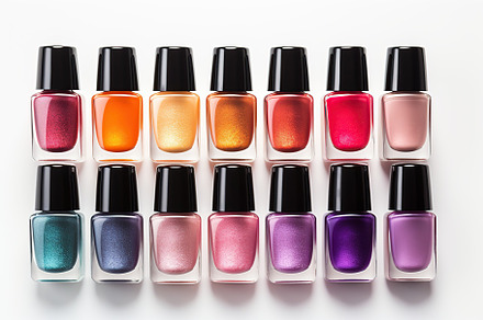 Bottles of colorful nail polish on white background, a Beauty & Fashion Photo by AlyaAnd