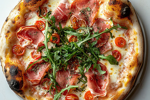 Margherita pizza garnished with ham,, a Food & Drink Photo by Pixeness Studio