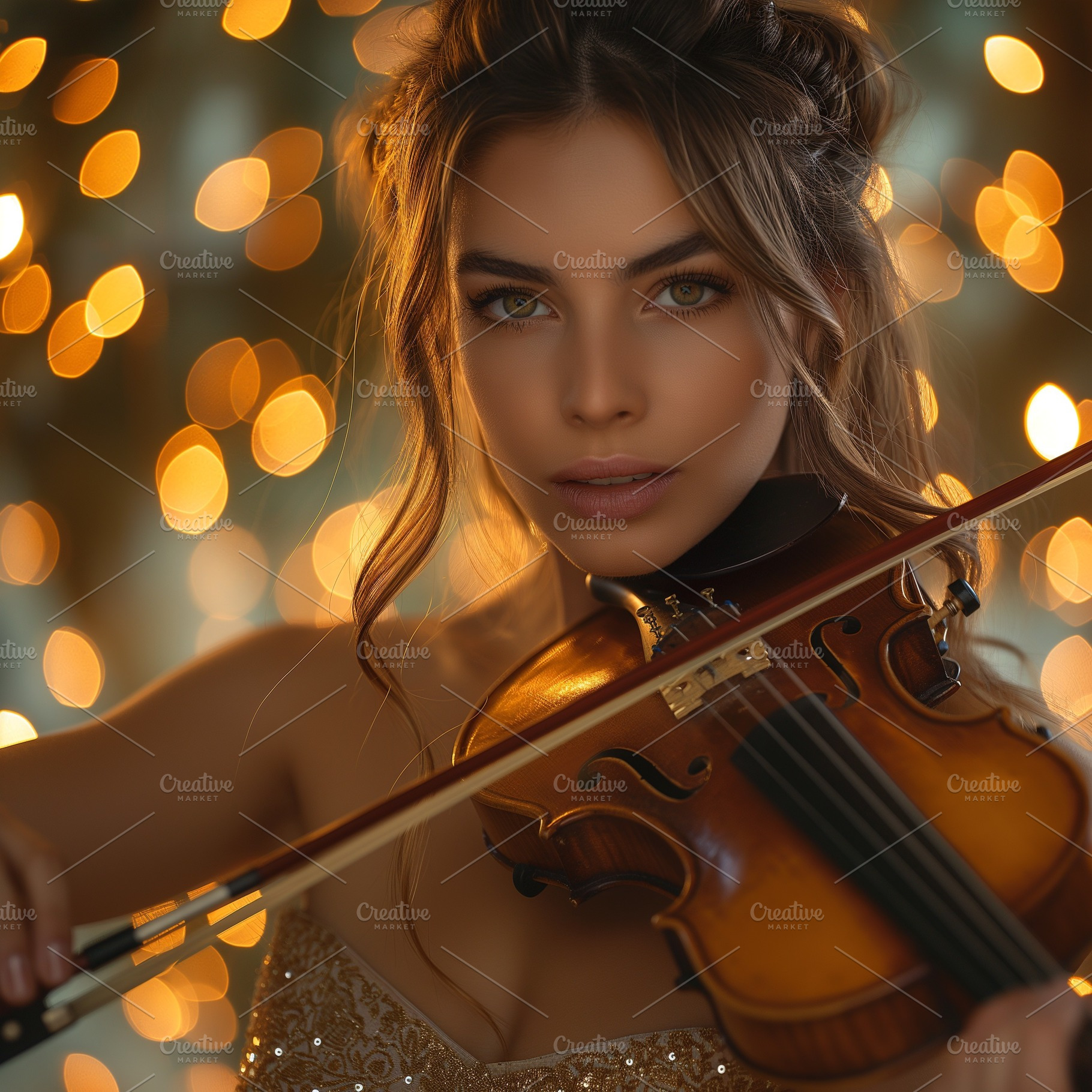 A young Caucasian woman with elegant features playing a violin amidst a backdro, a Person Photo by ImageMir
