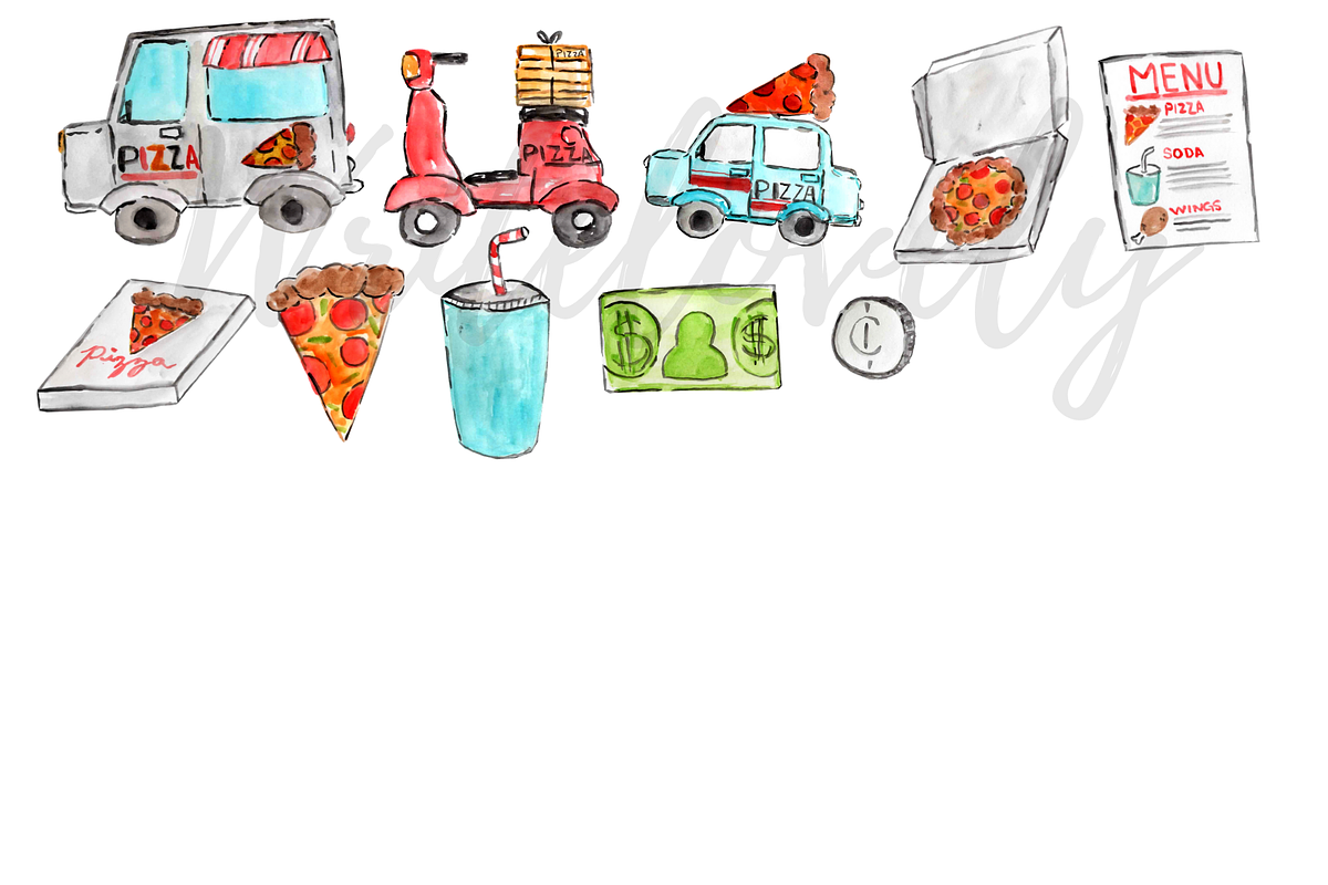 Watercolor pizza delivery clipart, a Food Illustration by Writelovely (Photo 2 of 2)
