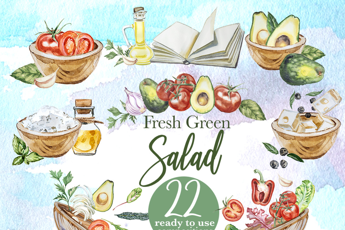 Salad Watercolor Clipart Set, a Food Illustration by ArtCreationsDesign (Photo 5 of 13)