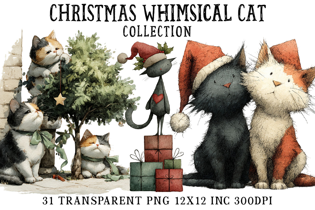 Whimsical Christmas Cats Clipart, an Illustration by OK Design (Photo 1 of 5)