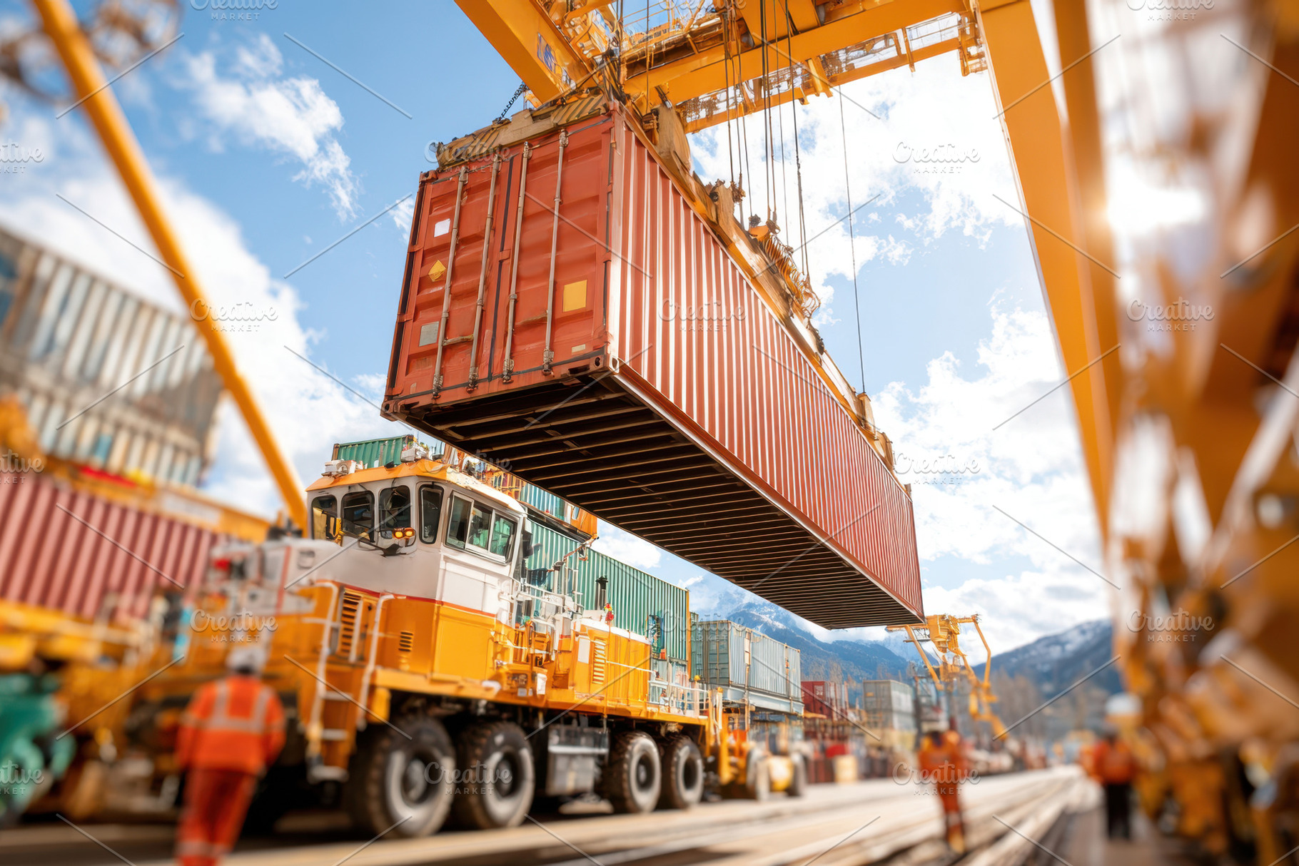Orange shipping container lifted by crane at busy port, an Industrial Photo by AlyaAnd