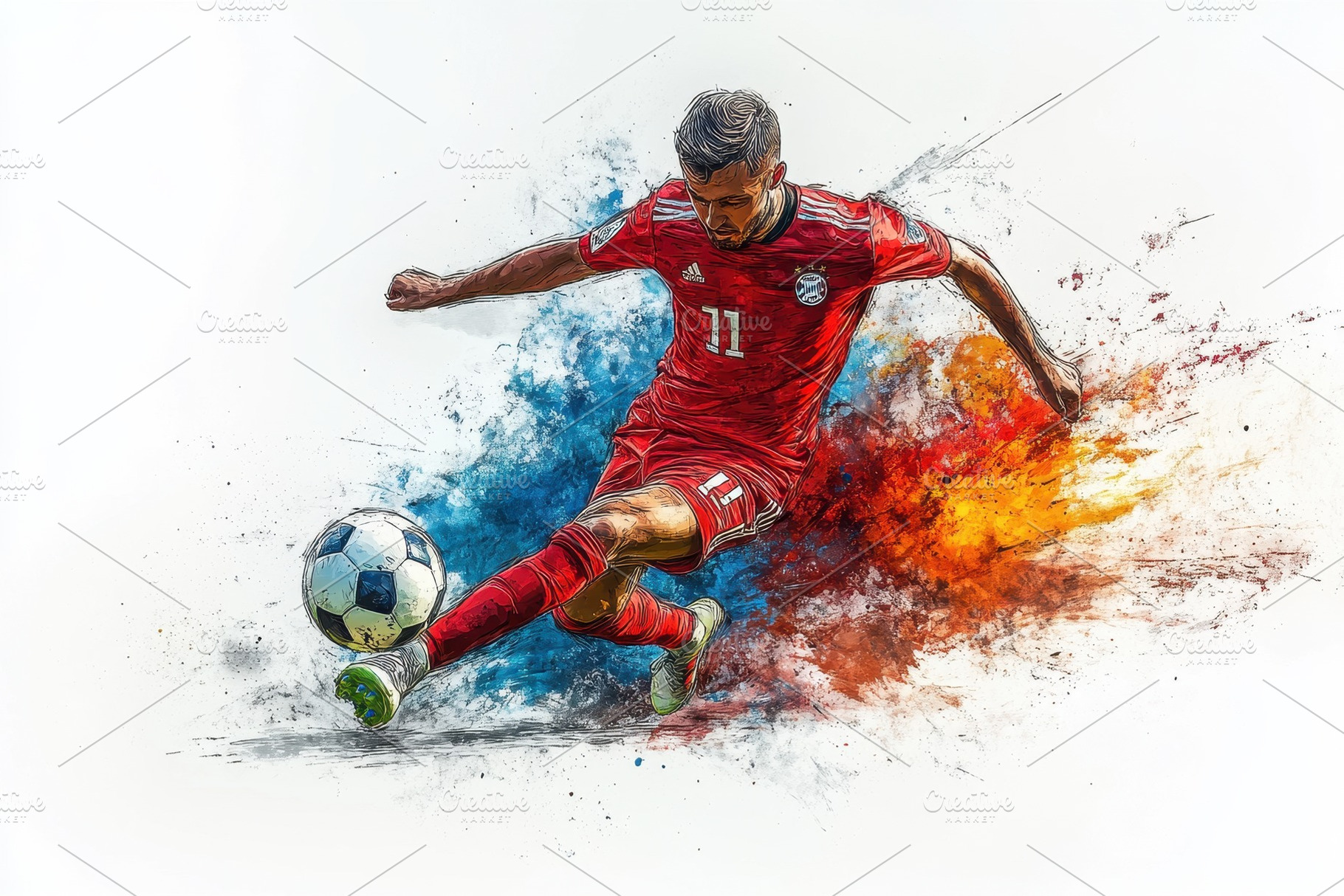 Dynamic soccer player in mid-kick sh, a Photo by Tanuart