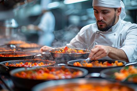 Professional Chef Prepares Gourmet Dishes in a Busy Restaurant, a Photo by AS photostudio