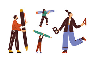 People with pens, pencils, letters, a Person Illustration by Good Studio