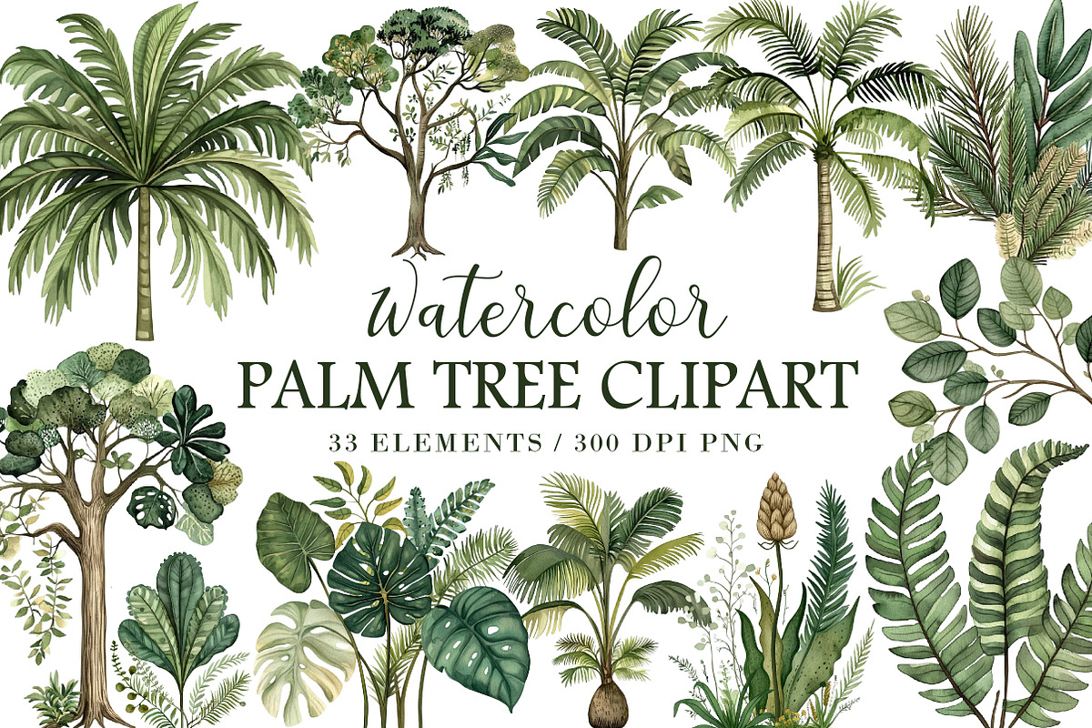 Watercolor Palm Tree Clipart, an Illustration by Libby Wishes (Photo 1 of 7)