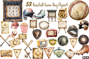 Vintage Baseball Game Day Clipart, an Illustration by DreamCafeArt