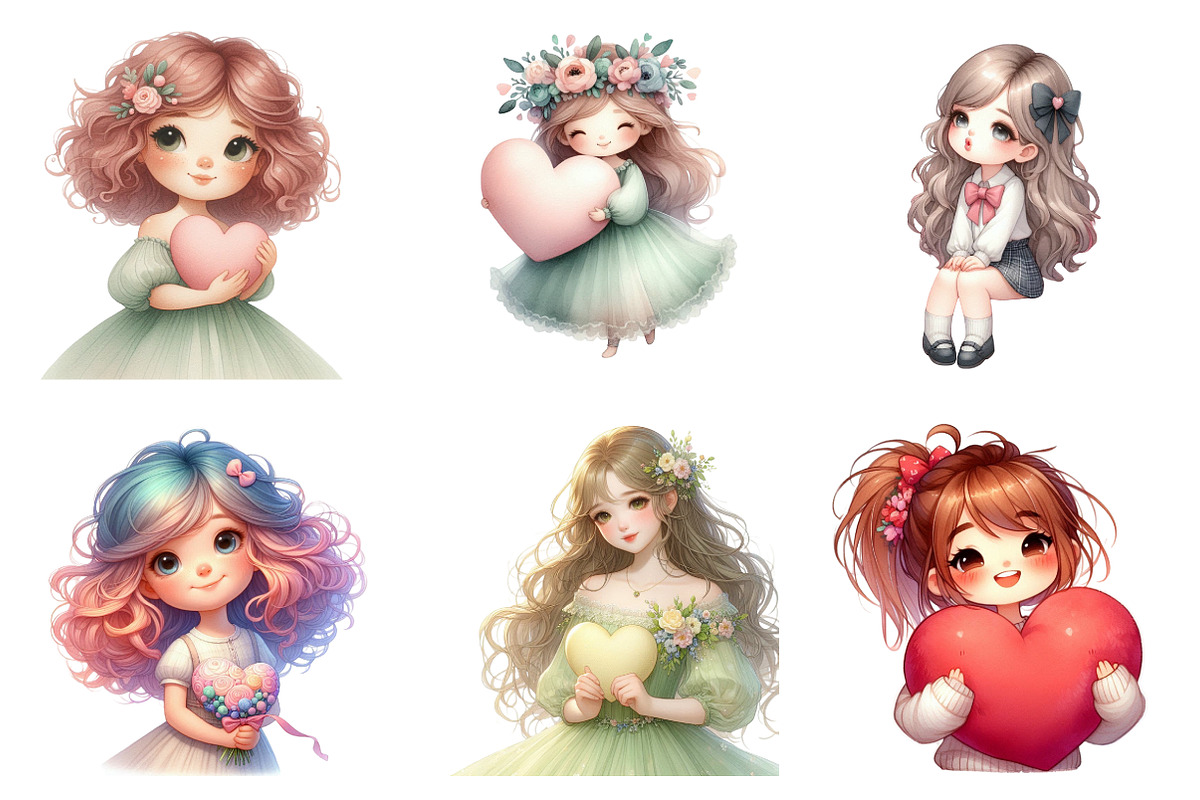 Watercolor Valentine Girls Clipart, an Illustration by SinaCreation (Photo 3 of 10)