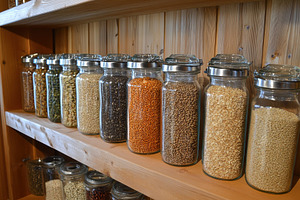 Assorted grains and seeds stored in, a Photo by Iftikhar Alam